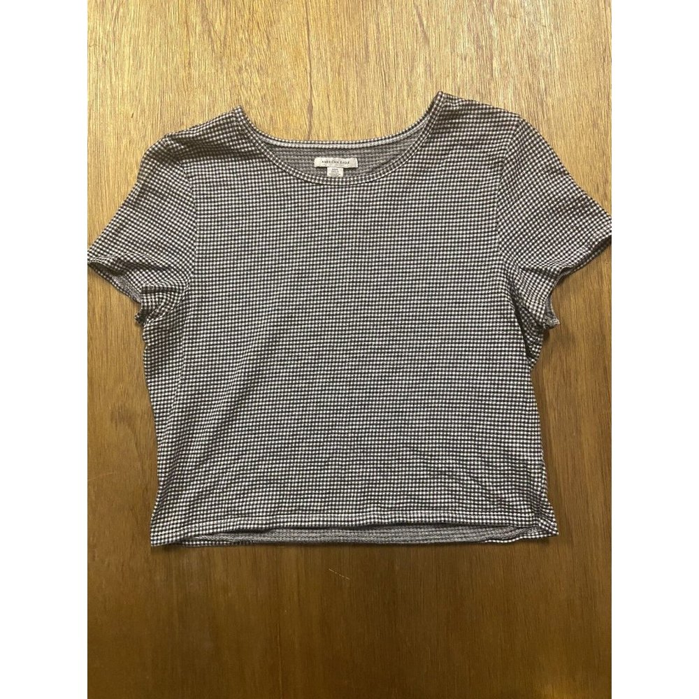 American Eagle Women's Checkered Blouse Cropped Short Sleeve Large
